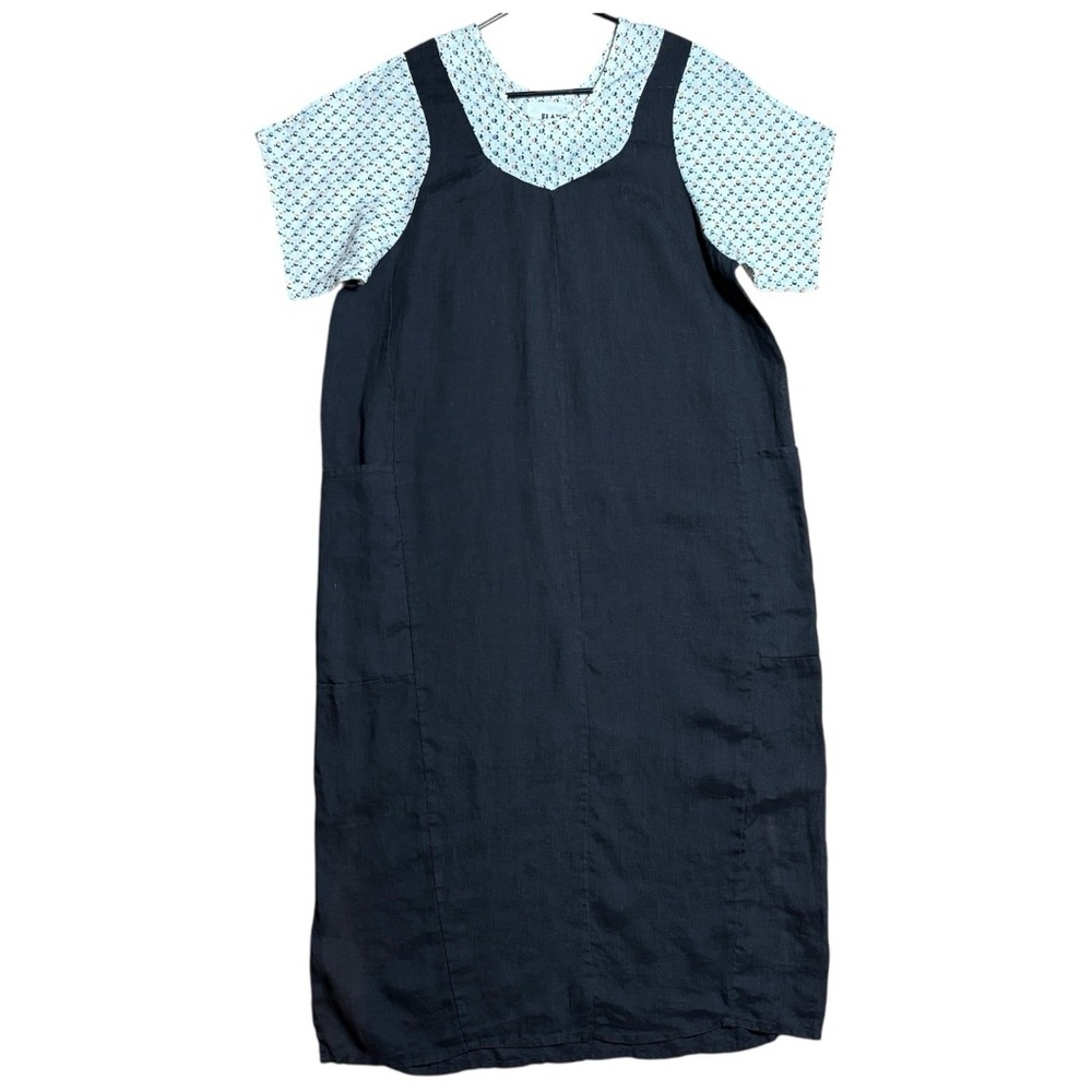 Flax 100% Linen Pinafore Apron Dress In Black With White Print Sz S